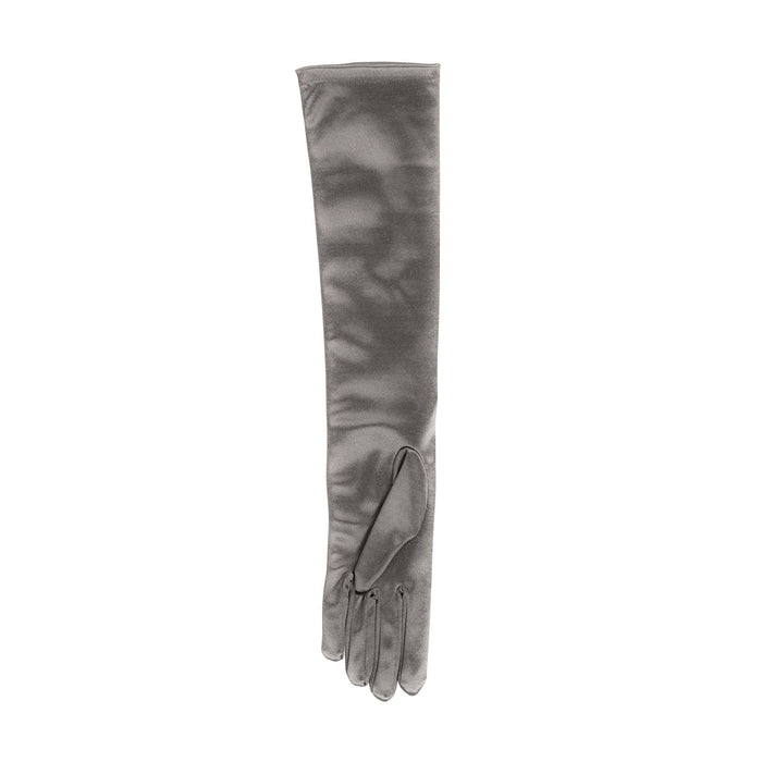 Women's long above-elbow satin gloves in pewter - palm side of the glove
