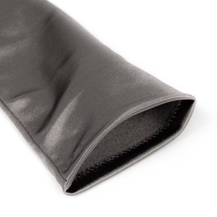 Women's long above-elbow satin gloves in pewter - open cuff
