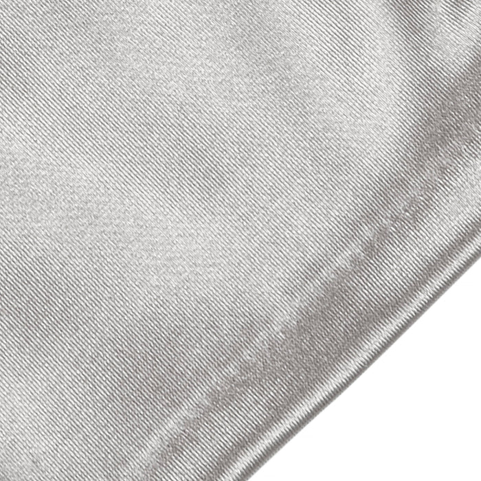 Women's long above-elbow satin gloves in silver grey - close up of the edge of the gloves