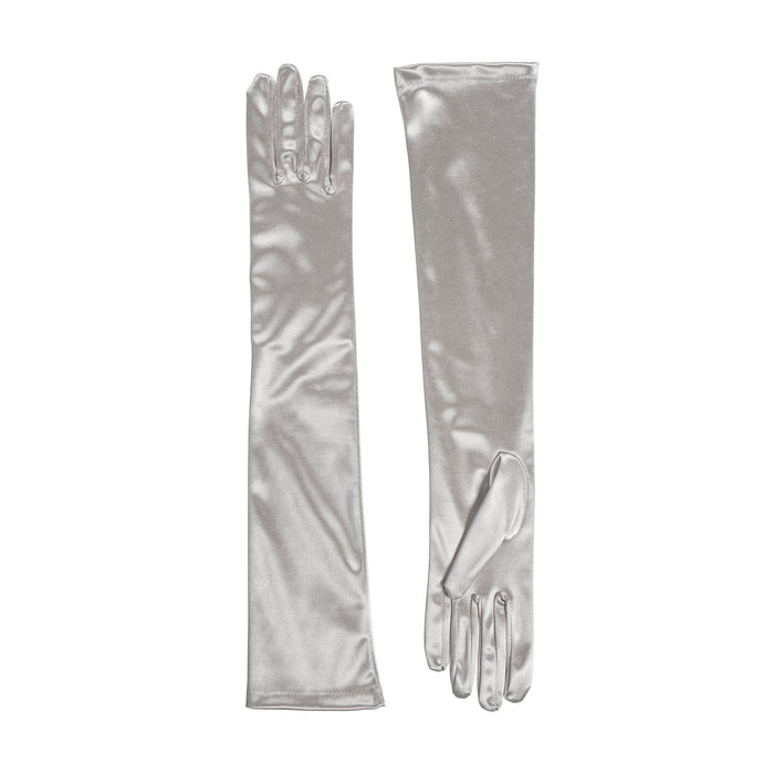 Women's long above-elbow satin gloves in silver grey - both gloves
