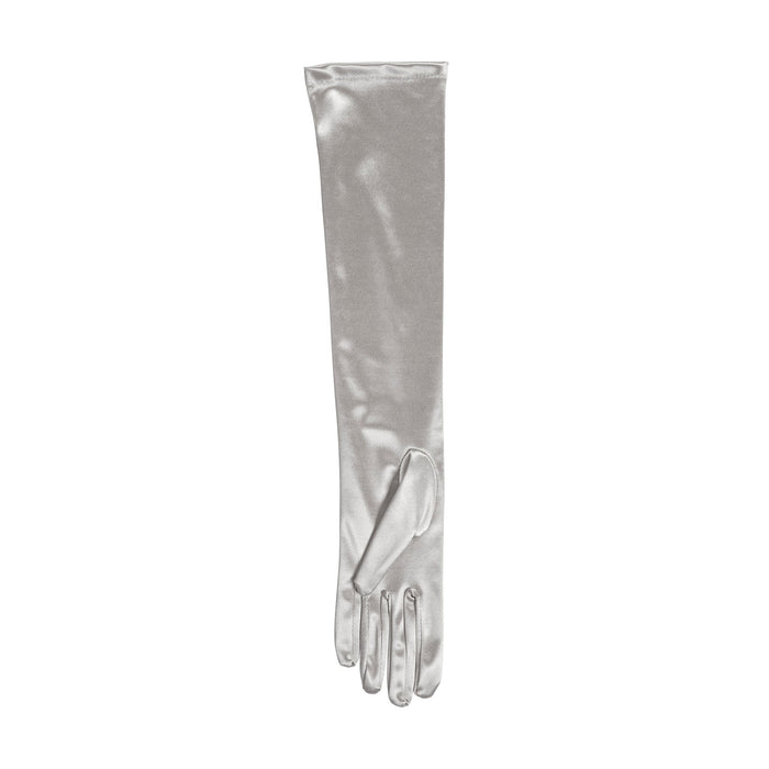 Women's long above-elbow satin gloves in silver grey - single glove palm side up