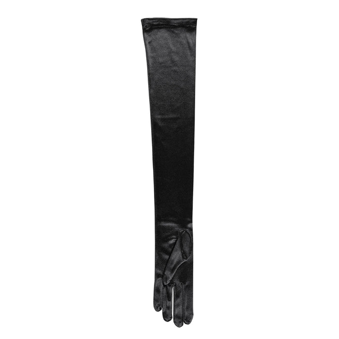 Women's long opera satin gloves in black - single glove palm up