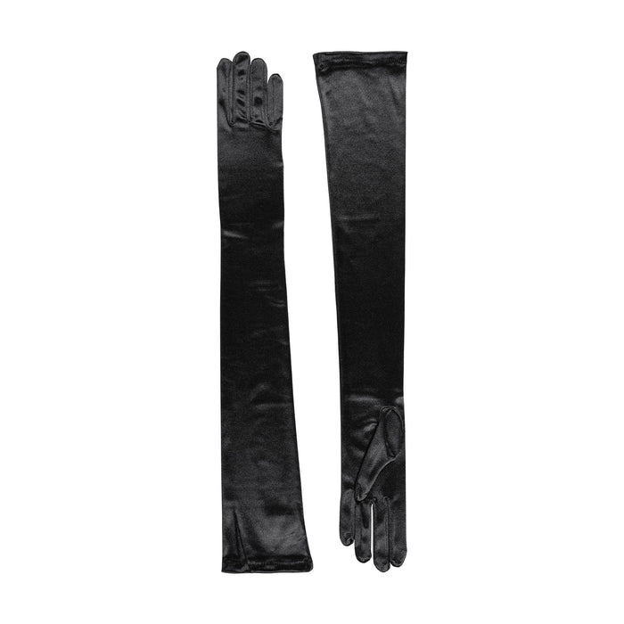 Women's long opera satin gloves in black - both gloves 
