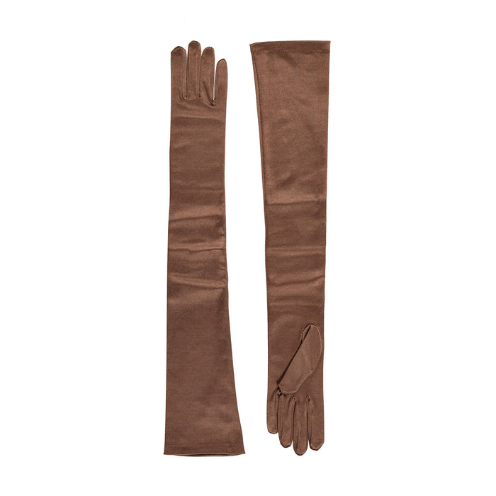 Women's long opera satin gloves in bronze - both gloves