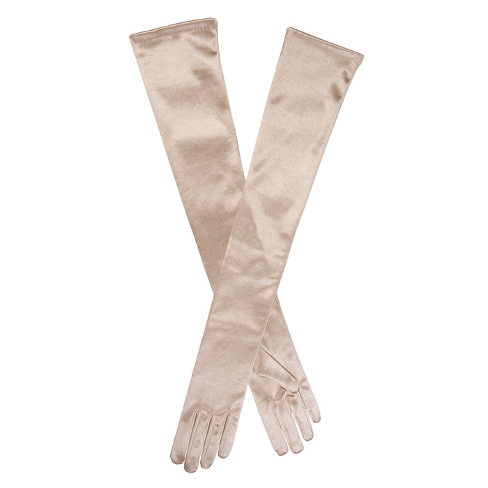 Women's long satin opera gloves in champagne - both gloves