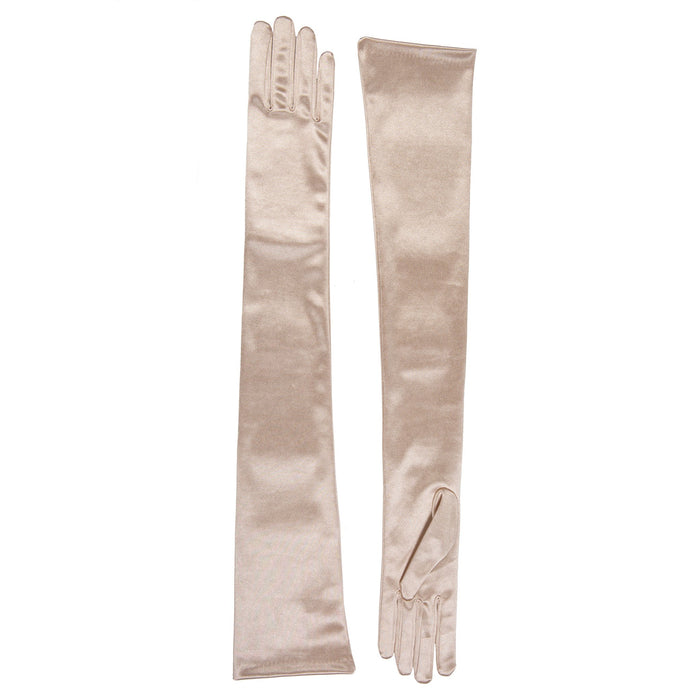 Women's long satin opera gloves in champagne - both gloves next to each other