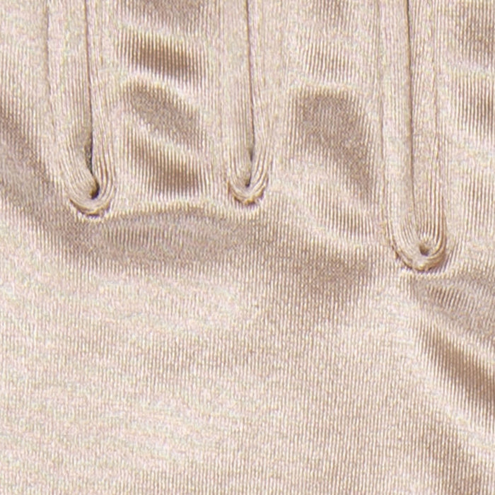 Women's long satin opera gloves in champagne - close up of the inseam stitching between the fingers