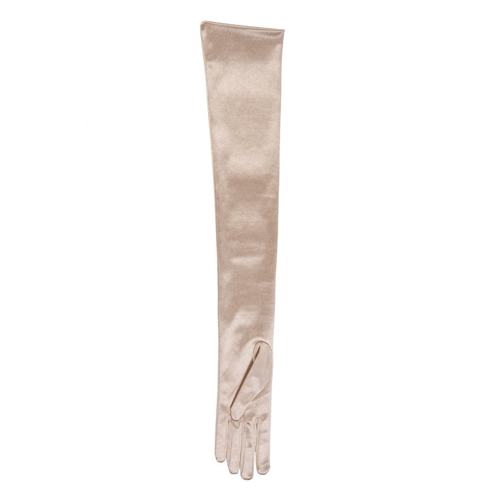 Women's long satin opera gloves in champagne - palm side up