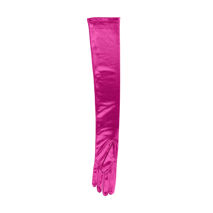 Women's long opera satin gloves in fuchsia - palm side up