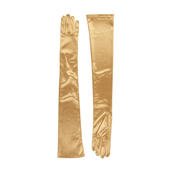 Women's long opera satin gloves in gold - both gloves