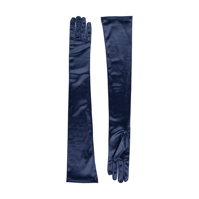 Women's long opera satin gloves in navy - both gloves