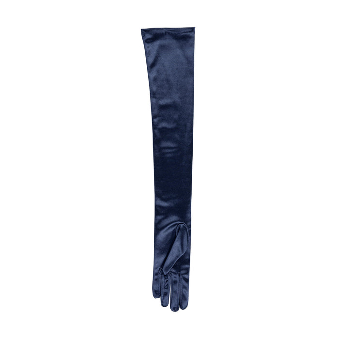 Women's long opera satin gloves in navy - palm side up