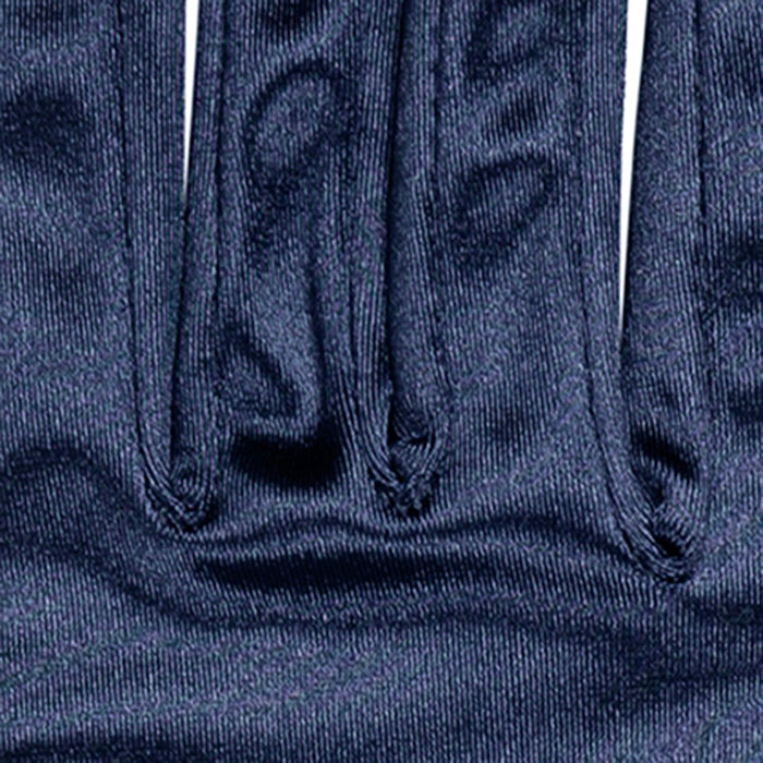 Women's long opera satin gloves in navy - stitching in between fingers