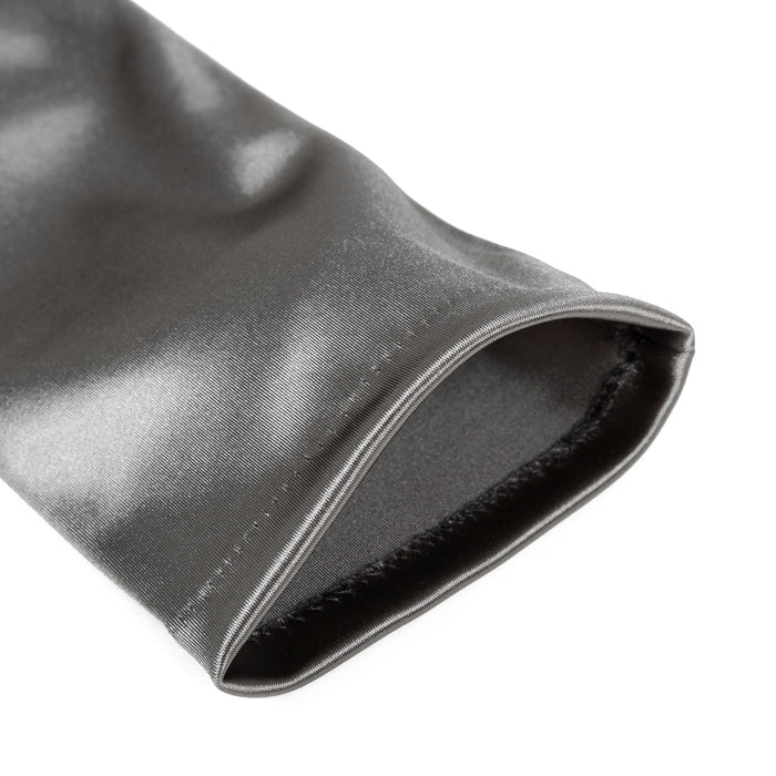Women's long opera satin gloves in pewter - open cuff