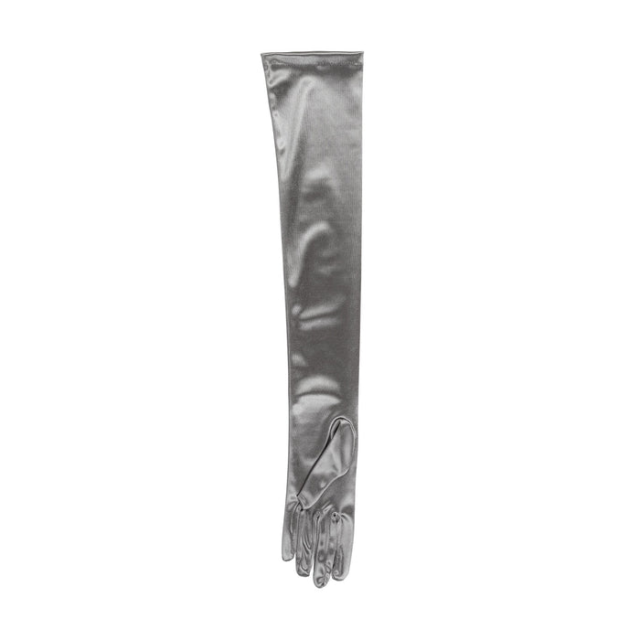 Women's long opera satin gloves in pewter - palm side