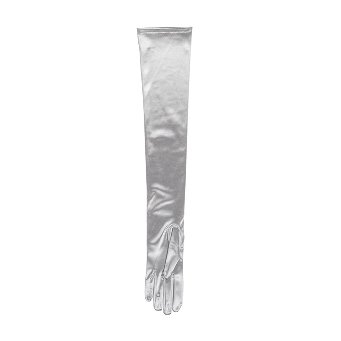 Women's long opera satin gloves in silver grey - single glove palm side