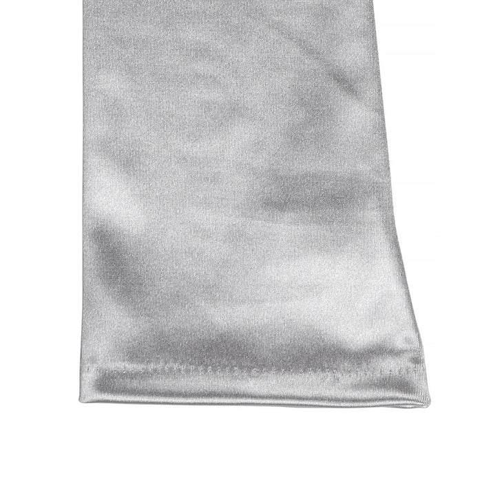 Women's long opera satin gloves in silver grey - cuff