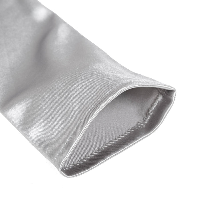 Women's long opera satin gloves in silver grey - open cuff
