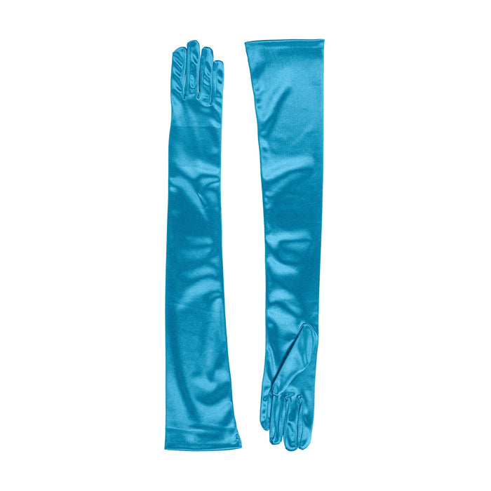Women's long opera satin gloves in teal - both gloves