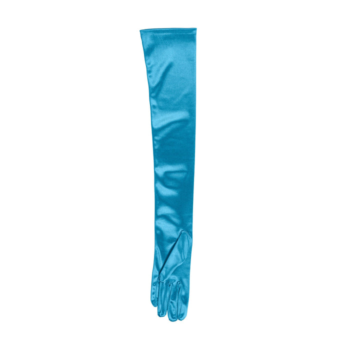 Women's long opera satin gloves in teal - palm side