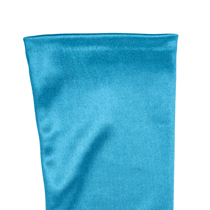 Women's long opera satin gloves in teal - palm side cuff