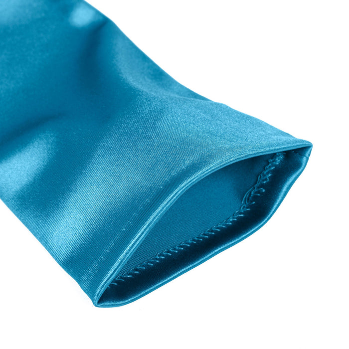 Women's long opera satin gloves in teal - open cuff