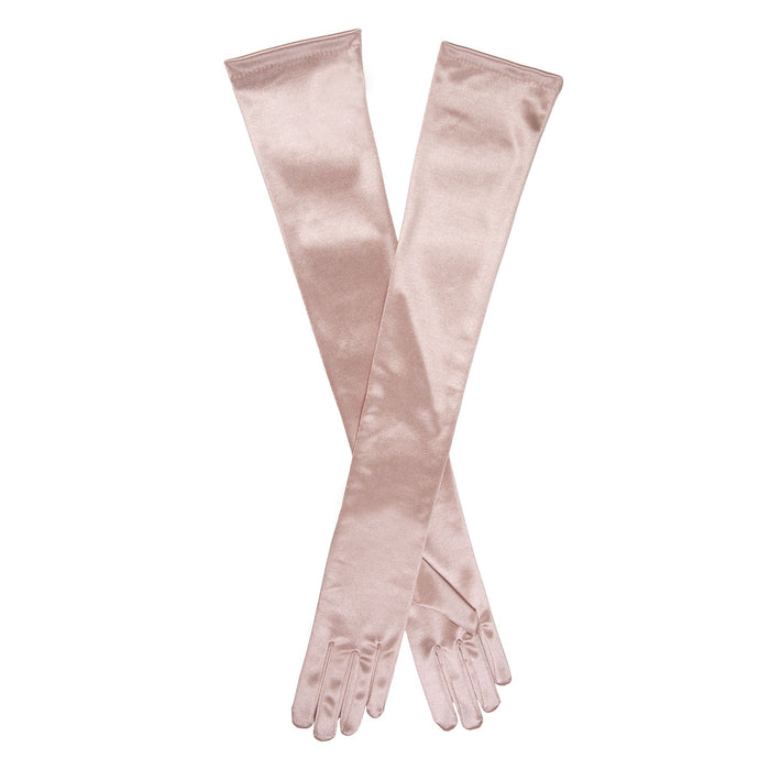 Women's long satin opera gloves in rose - criss cross