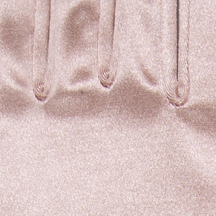 Women's long satin opera gloves in rose - close up of the inseam stitching between fingers