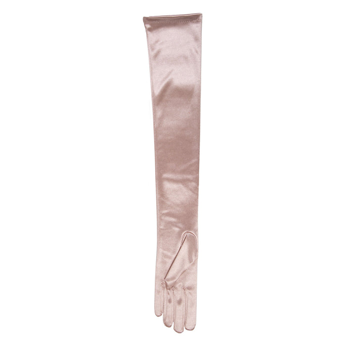 Women's long satin opera gloves in rose - palm side up