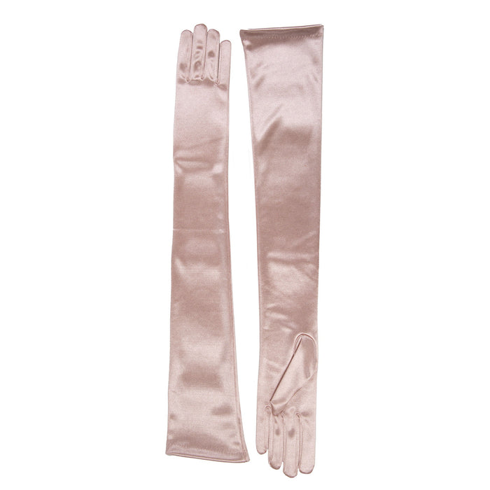 Women's long satin opera gloves in rose - both gloves next to each other