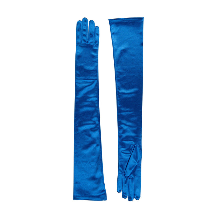 Women's long opera satin gloves in teal - both gloves