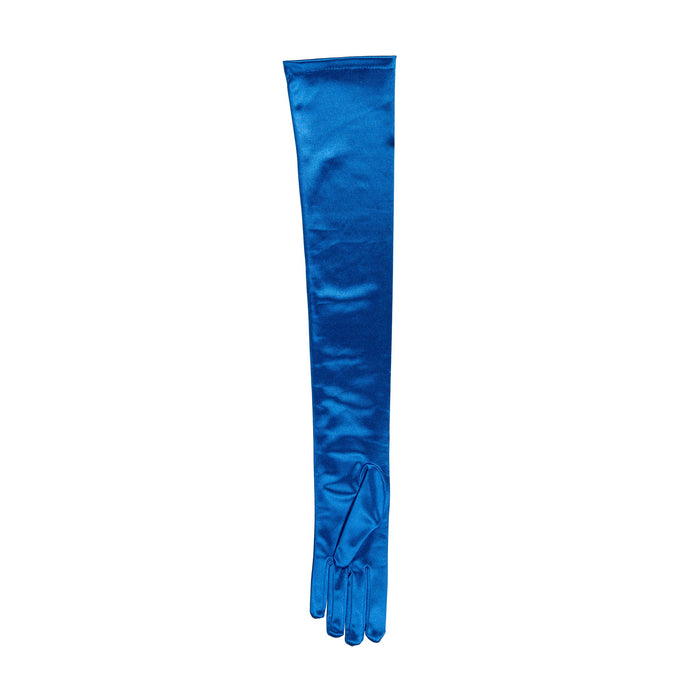 Women's long opera satin gloves in teal - palm side up