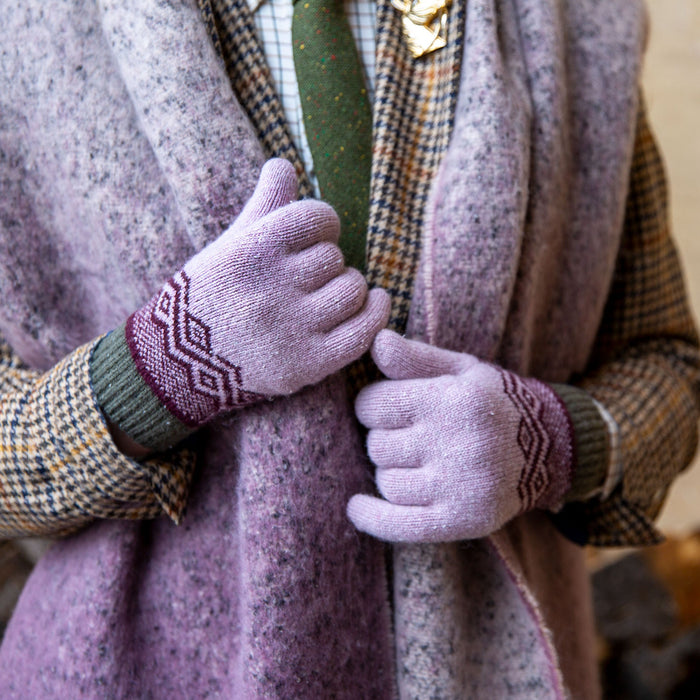 Woman wearing Mauve Reversible Ombre Blanket Scarf Full Length with gloves