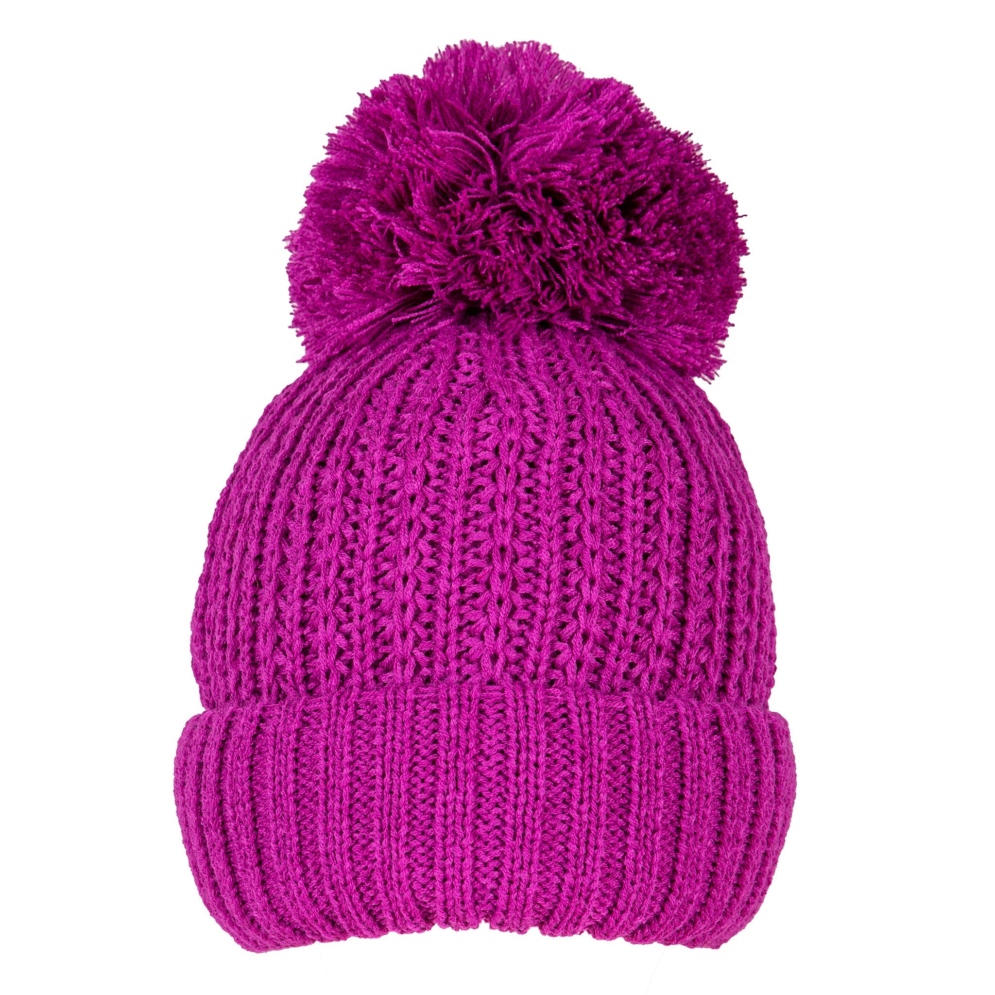 Women's Ribbed Knit Bobble Hat with Large Yarn Pom Pom Dents