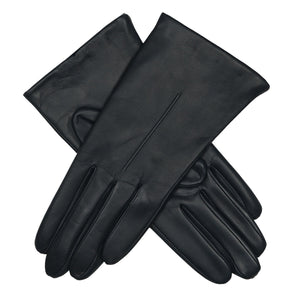 Women's fleece-lined, single point leather gloves in navy