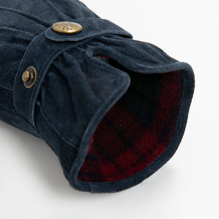 Women's fleece-lined suede gloves in navy open cuff