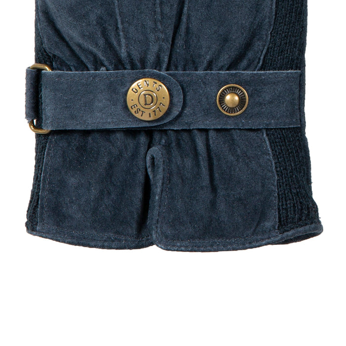 Women's fleece-lined suede gloves in navy right cuff