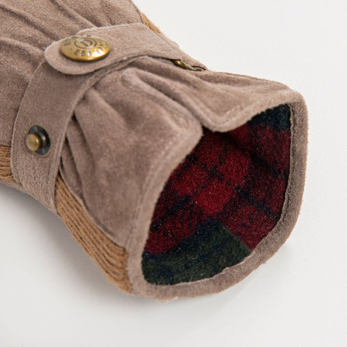Women's fleece-lined suede gloves in oatmeal open cuff