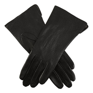 Women's acrylic lined, three-point imitation peccary leather gloves in black