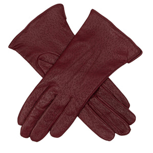 Women's acrylic lined, three-point imitation peccary leather gloves in burgundy