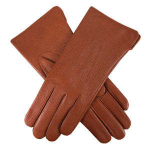 Women's acrylic lined, three-point imitation peccary leather gloves in tan
