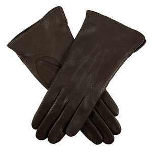 Women's acrylic lined, three-point imitation peccary leather gloves in dark brown