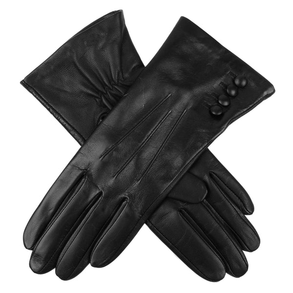 Women's Touchscreen Three-Point Silk-Lined Leather Gloves with Buttons