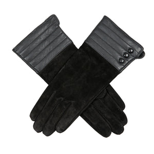 Women's touchscreen water-resistant suede gloves in black - Criss cross 