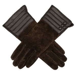 Women's touchscreen water-resistant suede gloves in black- criss cross