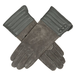 Women's touchscreen water-resistant suede gloves in charcoal - criss cross