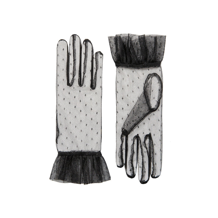 Women’s Tulle Gloves with Frilled Cuff in Black side by side