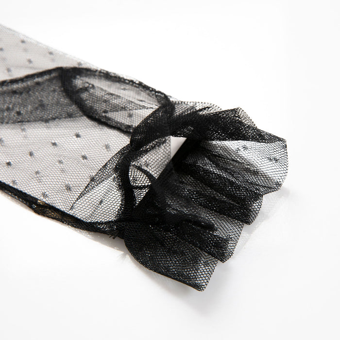 Women’s Tulle Gloves with Frilled Cuff in Black open cuff