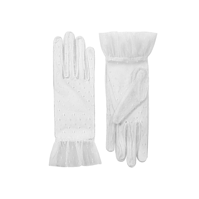 Women’s Tulle Gloves with Frilled Cuff in white side by side