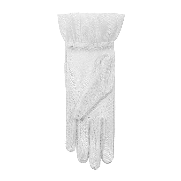 Women’s Tulle Gloves with Frilled Cuff in white left